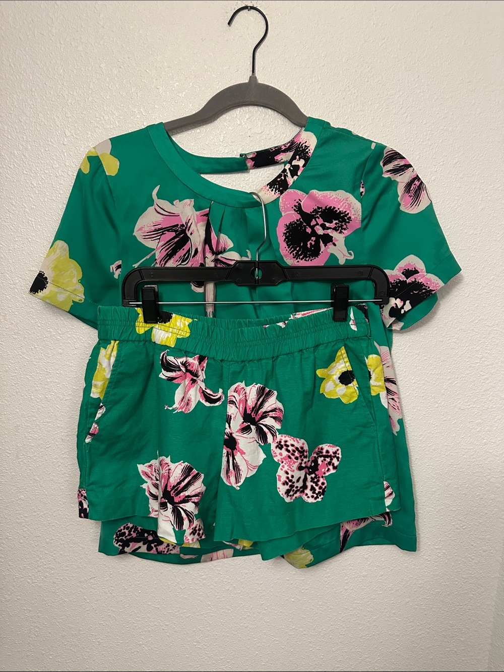 J. Crew Factory Green Floral Short-Sleeve Top and Elastic Shorts Set